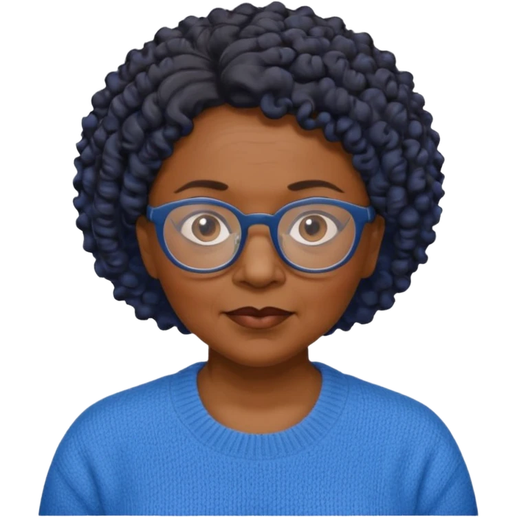 Old black woman, solemn, wearing glasses and blue sweater, short curly hair emoji