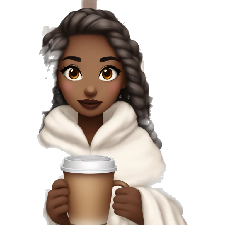 Cute girl with makeup and big giant fake eyelashes with a cozy aesthetic white and brown plaid blanket and hot coca emoji