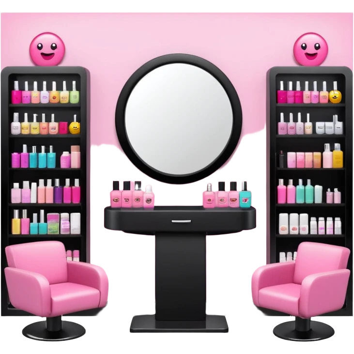 big beauty salon showcase with well-organized brand-labeled beauty products on a white shelves, emoji style, with a nearby hairstylist chair in pink color and a big mirror, different chair color emoji