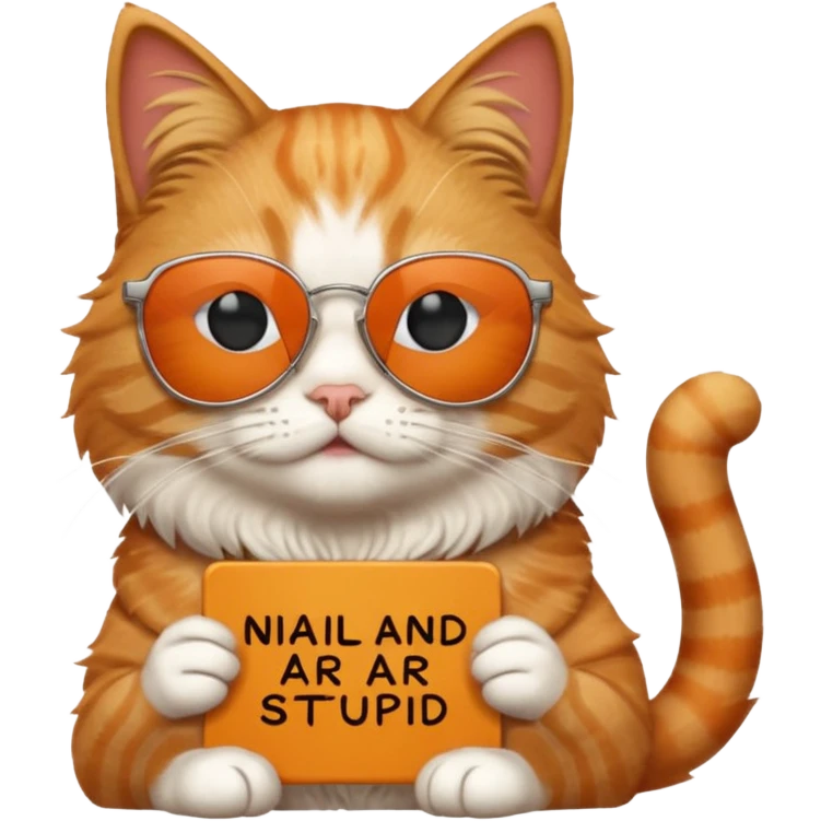 Cat wearing sunglasses and he has a sign on top of him saying "niall and arhaan are stupid" emoji