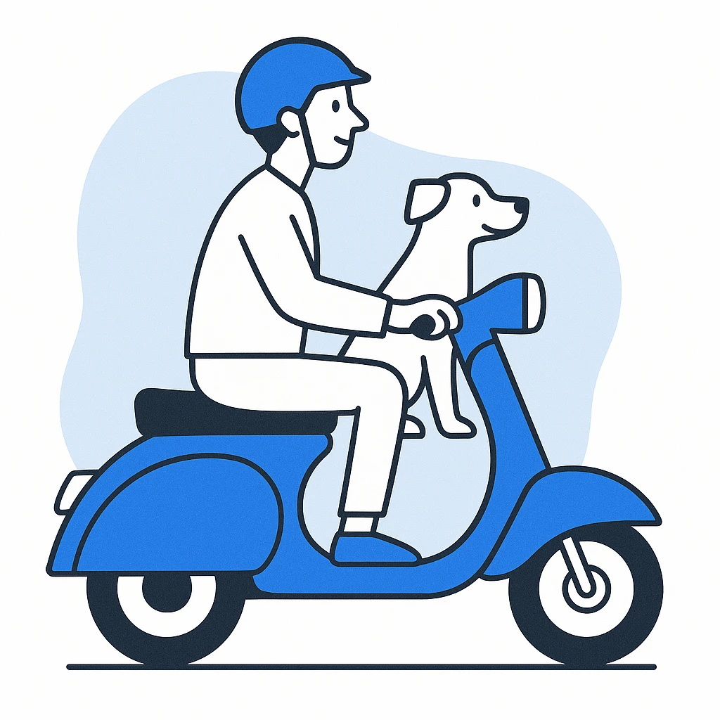 man and his pet dog riding a vespa emoji
