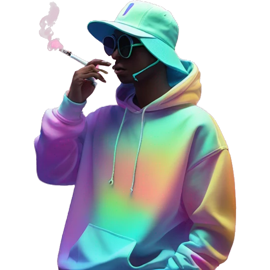 Multicoloured neon Vaporwave person smoking wearing hoodie dancing hip hop bucket hat tropical Skater fashion aesthetic baggy clothes graphic t shirt 420 emoji