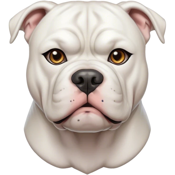 Cinematic Noble White American Bulldog Portrait Emoji, Poised and regal, with a powerful, muscular build and a sleek, well-groomed pure white coat, deep-set soulful brown eyes, Simplified yet sharp and sophisticated features, highly detailed, glowing with a soft, dignified glow, high shine, intelligent and loyal, stylized with an air of strength, focused and attentive, soft glowing outline, capturing the essence of a watchful and confident guardian, so majestic it feels as though it could step out of the screen with effortless authority! emoji