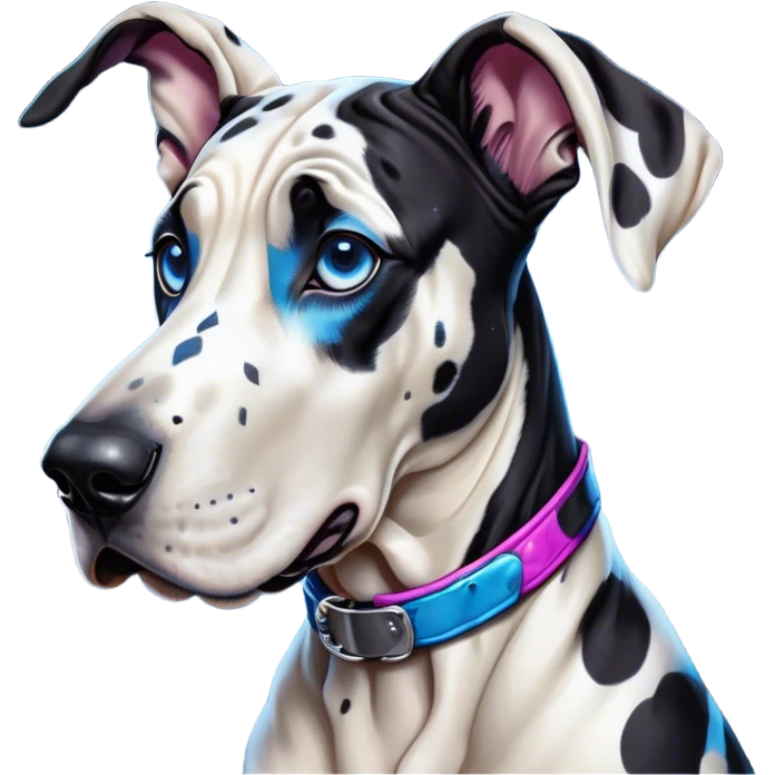 Cinematic Comical Harlequin Great Dane Portrait Emoji, Head tilted dramatically with an exaggeratedly shocked or amused expression, featuring a striking coat of predominantly white with vivid black patches, wide, expressive blue eyes filled with playful disbelief, Simplified yet hilariously expressive features, highly detailed, glowing with a slightly sassy glow, high shine, dramatic yet playful, stylized with an air of cheeky charm, bright and endearing, soft glowing outline, capturing the essence of a spirited and over-the-top guardian, so meme-worthy it feels like it could side-eye its way into internet fame instantly! emoji
