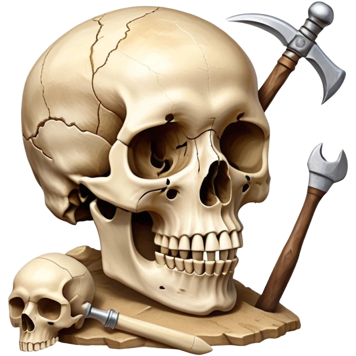 An icon featuring a human skull and fossilized bones, symbolizing the study of anthropology. The design includes archaeological tools like a pickaxe and brush, with a background of ancient artifacts and a globe. Transparent background emphasizes the exploration of human history and evolution. emoji