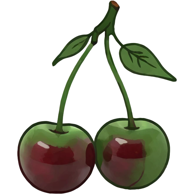3D style pair of deep burgundy cherries with green stem, rich dark red color emoji