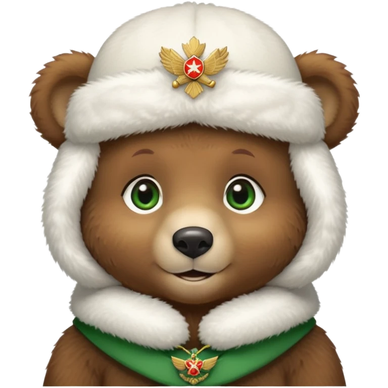 Adorable brown bear cub with innocent green eyes and gentle smile, pure white fluffy ushanka hat with prominent Russian Federation emblem, iOS emoji style emoji