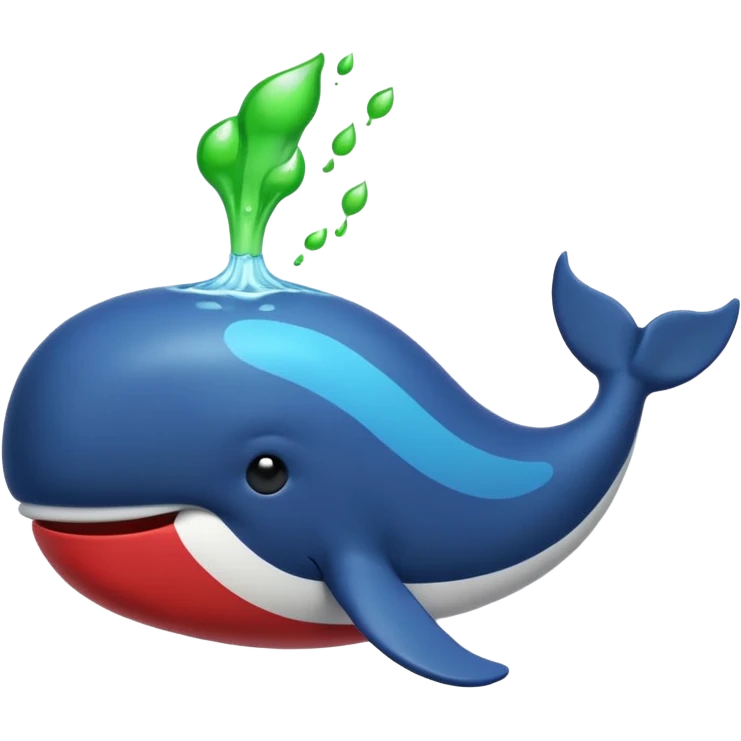 spouting whale emoji, in blue, red, green, black, yellow emoji