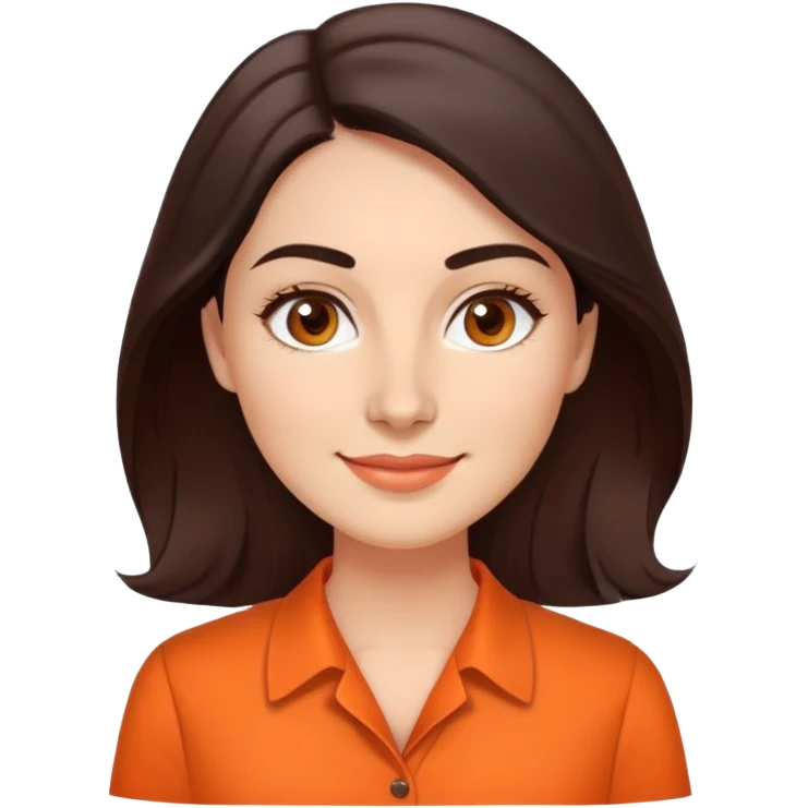 Professional woman in her 30s with light complexion, oval face, gentle features, large dark brown eyes, well-formed medium eyebrows, small nose, warm friendly smile, long slightly wavy dark brown hair, wearing a bright orange dress shirt emoji