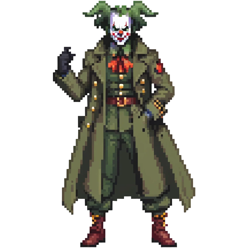 evil clown soldier, bald, small black horns on forehead, fangs, pointed ears, eye patch over one eye, long coat over black and military green clothes with bellbottom pants, realistically proportioned, less bulky, full body, fighting stance emoji