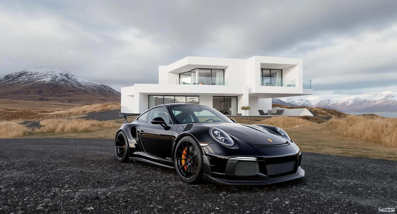 black porsche 911 with bodykit, in background is modern huge two flors white villa, in distance are iceland mountains, rule of thirds, shot on gopro hero, noise camera emoji