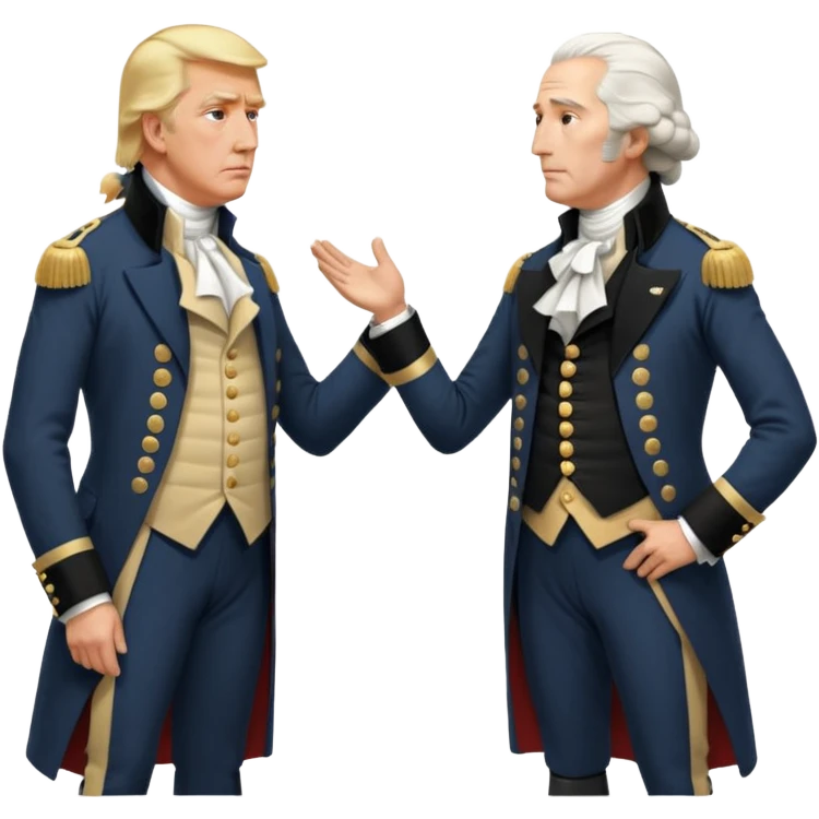 “Donald Trump and George Washington facing each other. Trump in a modern suit, visibly shocked. George Washington in colonial uniform, calm and silent. Realistic style, cinematic lighting.” emoji