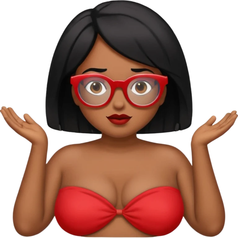 Topless shrug, black hair, red glasses, brown skin, bigger areola  emoji