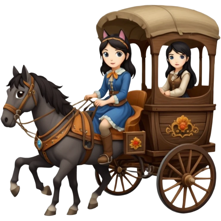  Rustic wood detailed 1854 pretty dark-haired Catgirl driving a huge horse-drawn stagecoach Caravan alone on a bumpy scary trail in the woods  emoji
