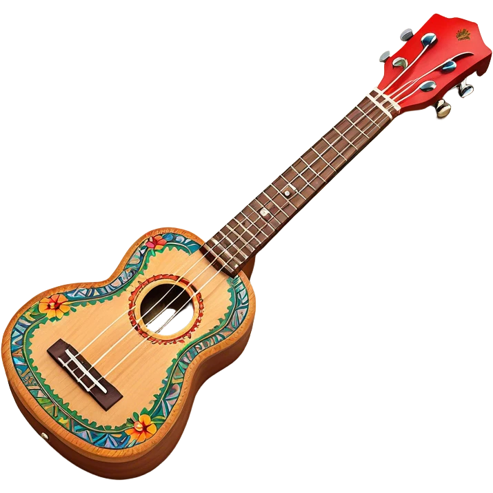 Create a vibrant and artistic emoji representing a ukulele with a Mexican design. The ukulele should feature a bright, colorful body with traditional Mexican patterns, such as geometric shapes, floral motifs, or colorful stripes. Use rich, warm tones like red, yellow, green, and blue to give the instrument a lively, festive look. Highlight the wood grain of the ukulele’s neck and fingerboard, and add subtle details like decorative inlays or a small Mexican flag symbol on the body. The strings should be clearly visible, and the instrument should be in a slightly angled position to showcase its unique design. The background should be transparent. emoji