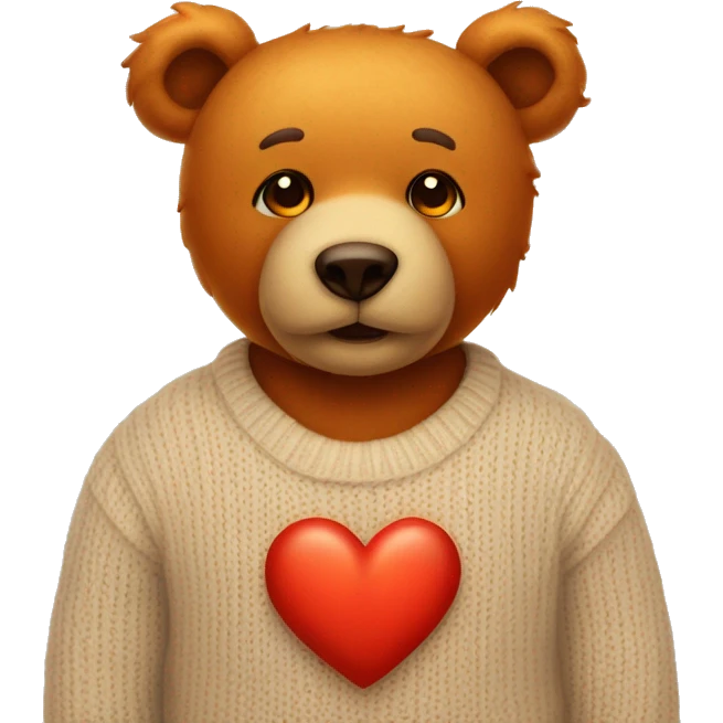 Orange eyes teddy bear wearing a beige sweater with a red heart in the middle emoji