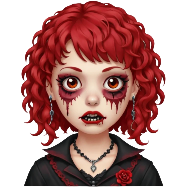 zombie girl red hair cacheado médio e franja, com piercings na boca, nariz e sobrancelha,  roupa gótica  emoji