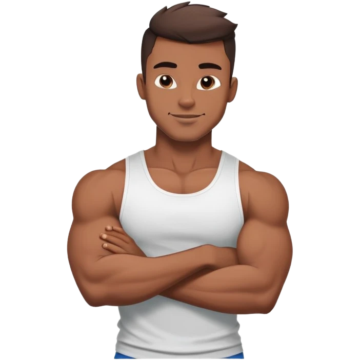 Handsome muscular boyfriend with defined abs, wearing a tank top, strong jawline, darkerr skin, charming smirk, flexing arm, emoji