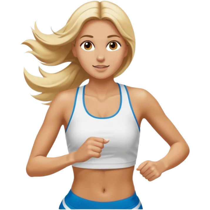 Mujer color de piel moreno, con cabello rubio largo, lacio y suelto, bonita, nariz respingada, corriendo con ropa deportiva color blanco  emoji