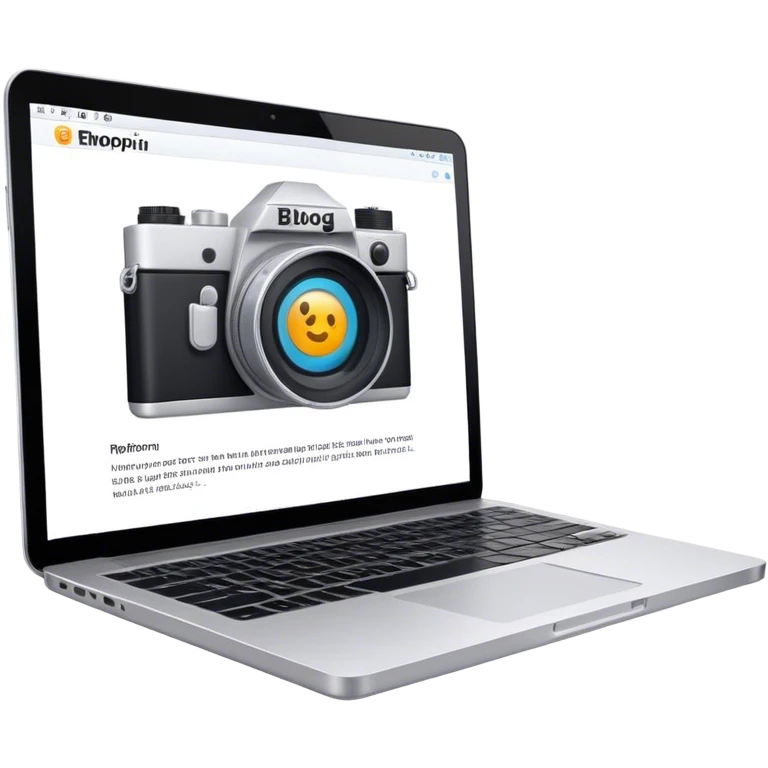 Create an emoji representing blogging. The design should feature an open laptop with a visible blog post on the screen, showing text. Add a photo or video camera to emphasize multimedia content. Do not include any emojis or smiley faces. Make the background transparent. emoji