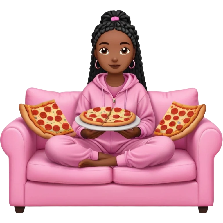 A dark-brown-skinned Black woman with black box braids, sitting on a pink couch, holding an open pizza box.She’s wearing comfy loungewear, looking relaxed and enjoying her food. emoji