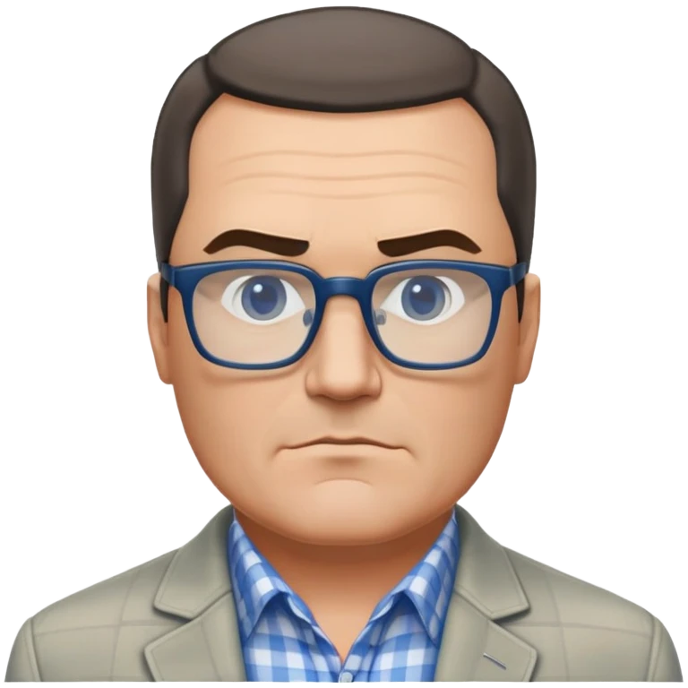 50-year-old heavyset man with very wide face and prominent square jawline. Short straight hair combed to the side, not balding. Large dark square glasses. Serious-relaxed expression. Light gray jacket that fits his larger frame, white shirt with blue checkered pattern. emoji