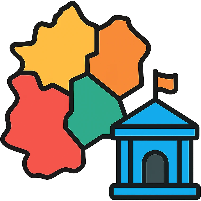 Map with regional divisions and town hall building - representing Collectivités Territoriales emoji