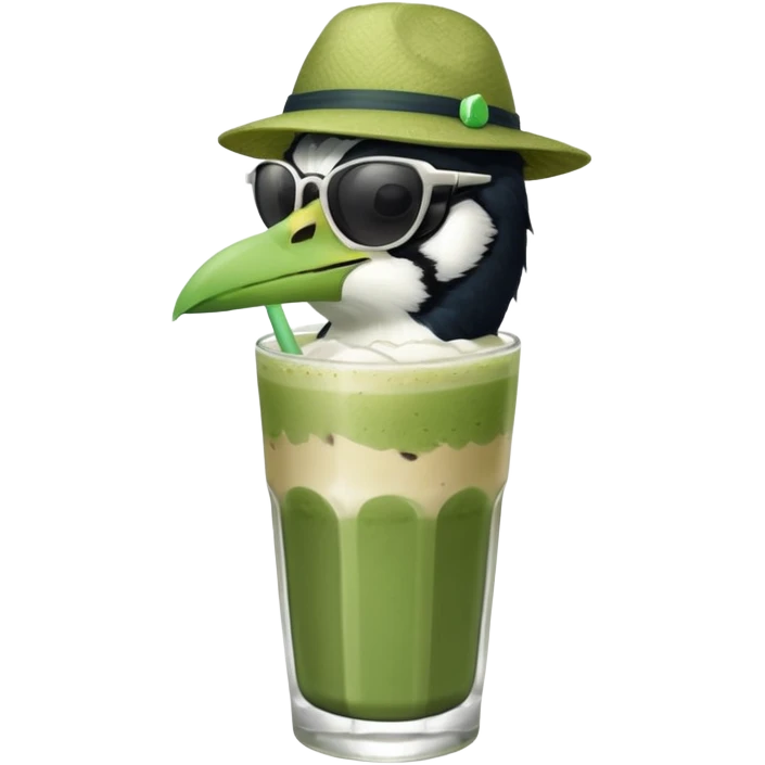 It’s an Australien Magpie sitting on an iced matcha latte on the edge of the glass. It has green matcha on its beak indicating it drank. The iced matxha latte is in a see through glass and white from the oat milk on the bottom and green on top…and there is a straw in the drink and ice cubes emoji
