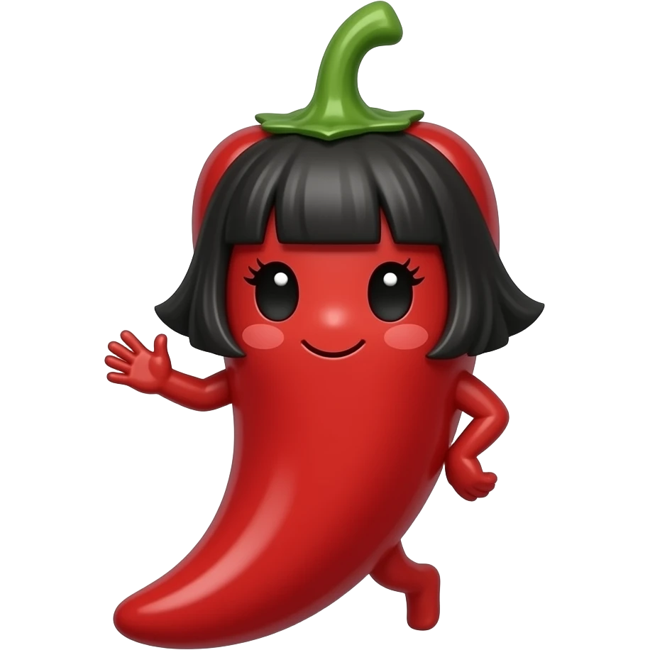 a cute red chili food with girlish face and black hair feature, with hand and leg emoji