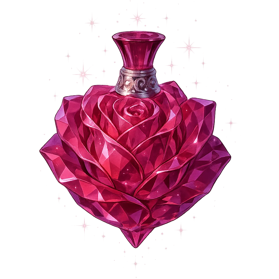 luxurious crystal elixir bottle in rose flower shape, deep pink color, ornate silver and iridescent details, very small neck, seamless bottom, transparent background, bottle clearly floating in air, no base or shadow, modern, collection style, magical glowing and sparkling effects emoji