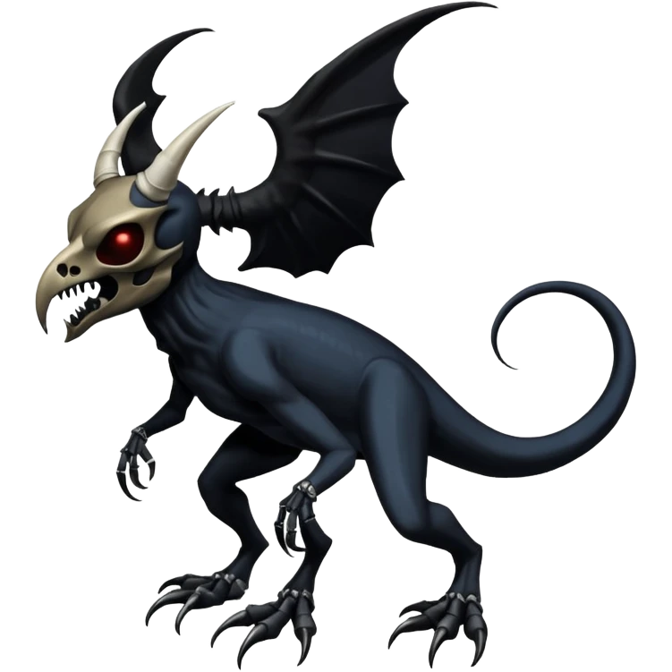 Shiny Dark Edgy  Duskull-Salandit-Inteleon-Amaura-Fakémon-hybrid-creature (full body) with a horned bird-skull-mask emoji