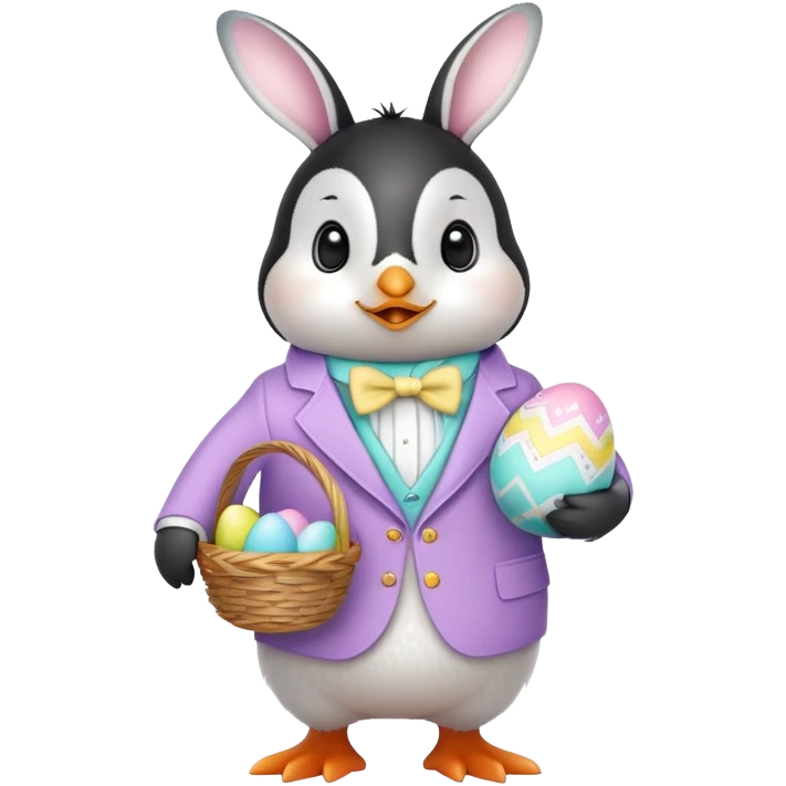 Penguin dressed for Easter carrying an Easter basket with a bunny in it emoji