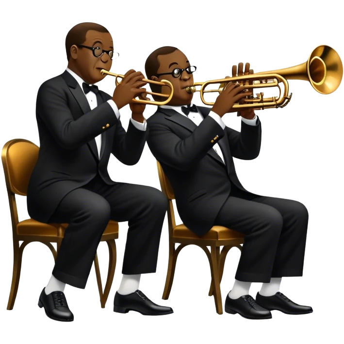 Icon for Jazz Music: collage of Louis Armstrong with his trumpet and Glenn Miller with his orchestra. Silhouettes of musicians, brass instruments, and musical notes. The design should convey the classic, smooth vibe of jazz. Transparent background. emoji