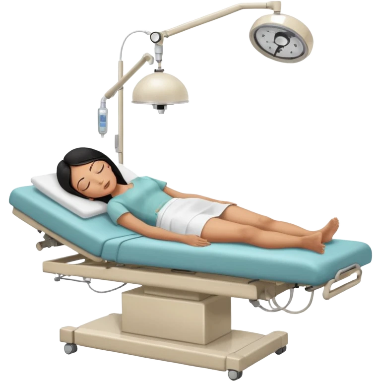 A black-haired woman in her 50s lying on an examination bed with eyes closed, shown in a wide, full-body shot in a clean colonoscopy procedure room. Only the patient is visible. emoji