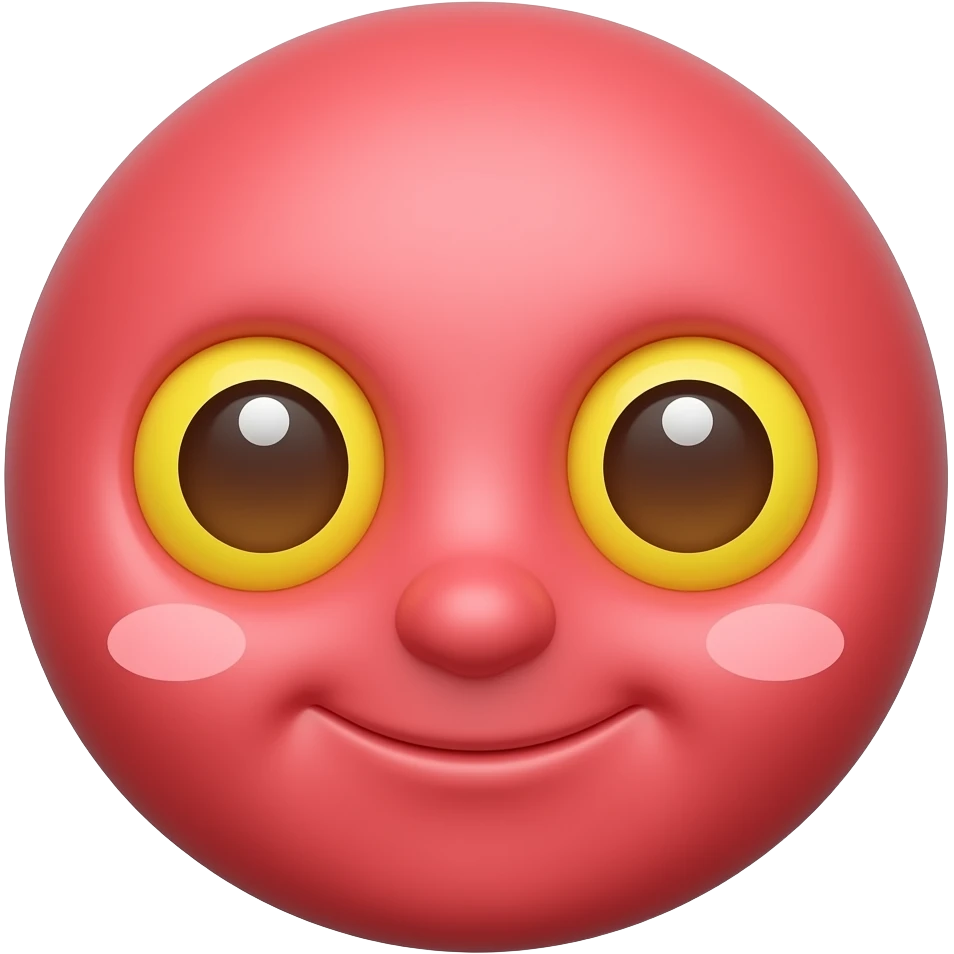 새빨간 얼굴의 홍조를 하고 있는. 노란 눈알  갈색 동공.   귀여운 만화 입체적 이모티콘 emoji