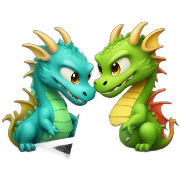 two dragon friends different colors looking at a laptop emoji