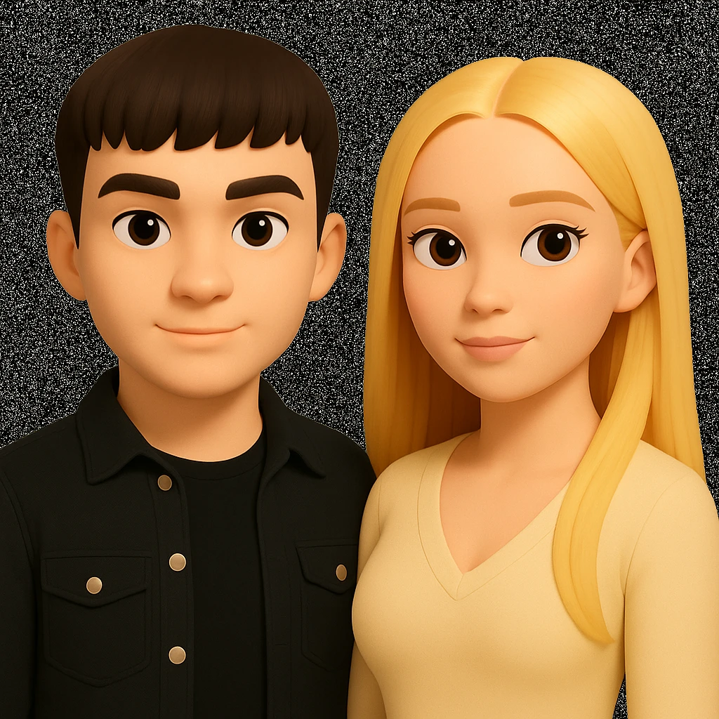 Slightly increase the volume of the upper body of the girl, significantly spread them apart from each other, make the skin color the same for both characters, while preserving the cartoonish 3D style as seen in the reference image. emoji