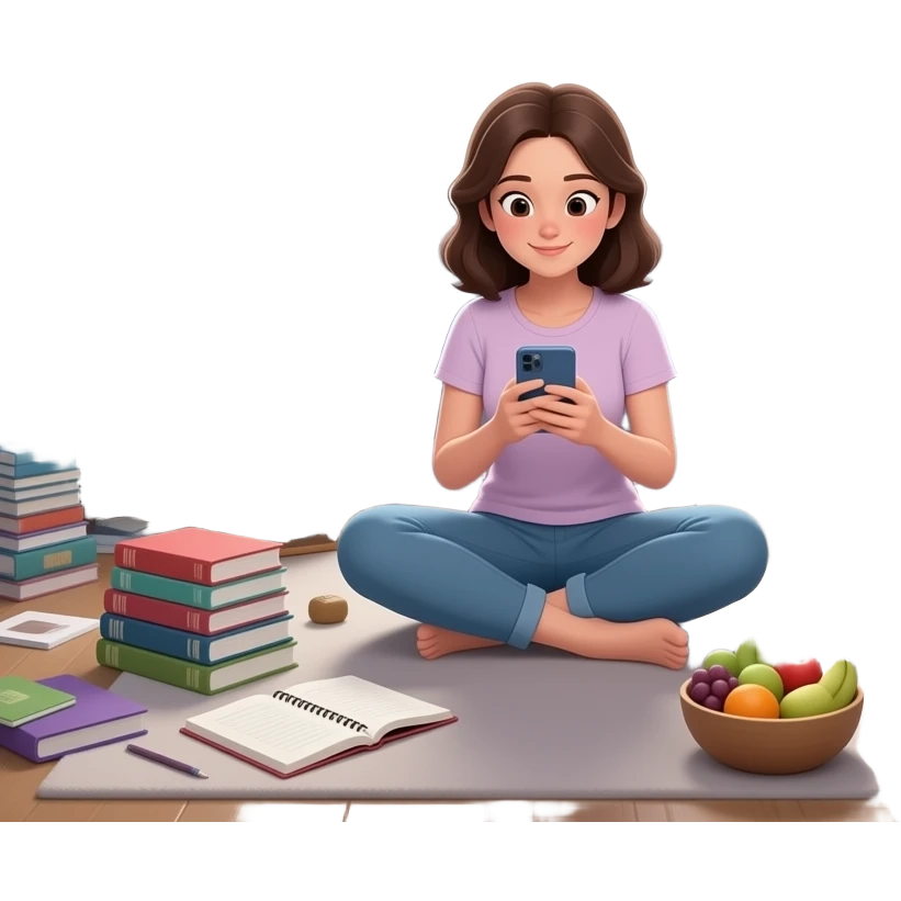 adolescente mujer sentada en el piso de una habitación desordenada, con ventana medio cerrada, colores mas bien oscuros,en el centro de una habitación, usando el celular, con elementos alrededor que representen bienestar integral: música, estudio, descanso, movimiento, alimentación, vínculos. emoji