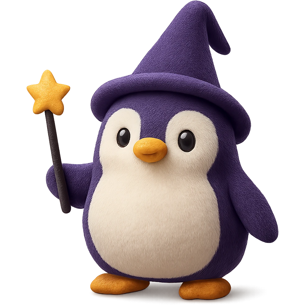 A penguin wizard with a tall pointed wizard hat, holding a magic wand. The penguin has a round plush body, friendly eyes, and a soft texture. emoji