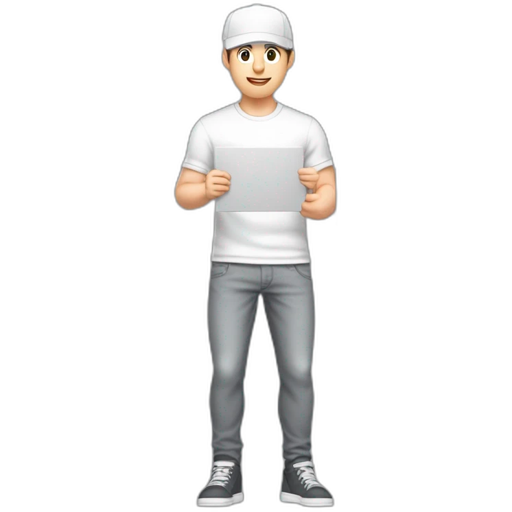 Pale skinned fit Man with dark brown hair in a white cap, gray jeans and gray polo T-shirt keeping a pasted with tape white box into his hands emoji