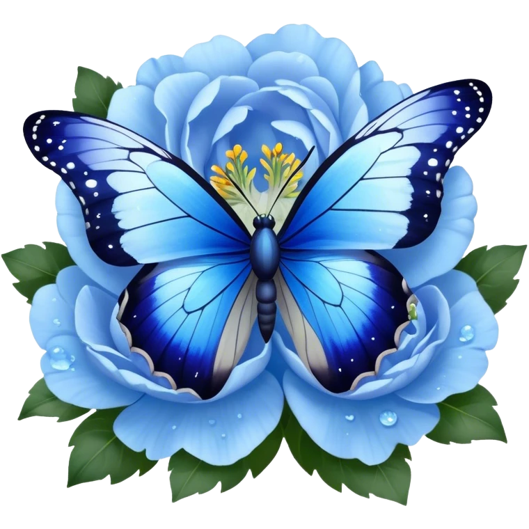 A mesmerizing butterfly with sapphire blue and icy blue wings, delicately speckled with silver, gracefully resting on a lush bouquet of pastel blue peonies and deep blue pansies, their velvety petals glistening with morning dew. emoji