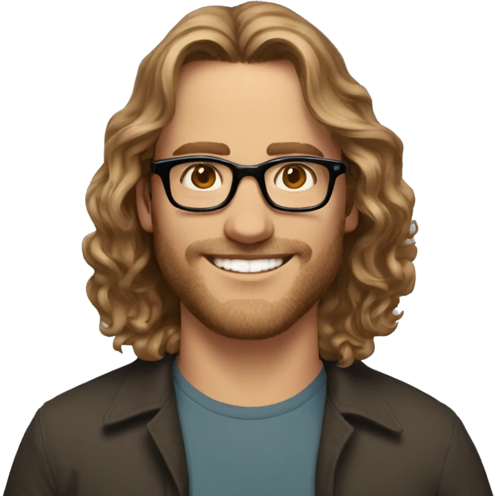 35 year old guy caucasien coming from south of france, brown and curling mid long hair, trend black glasses, smiling emoji