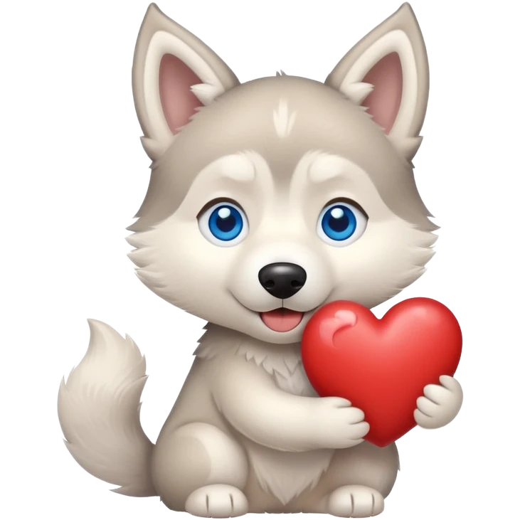 Beige husky with blue eyes holding a big heart emoji