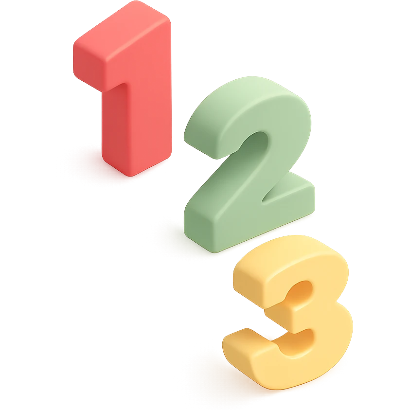 playful numbers 1, 2, 3: 1 in red, 2 in green, 3 in yellow with transparent background emoji