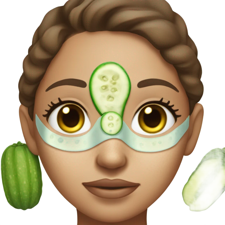 Girl with freackles Brown hair and white skin blue eyes wears skin care mask Thats Green and pickle on her closed eyes emoji