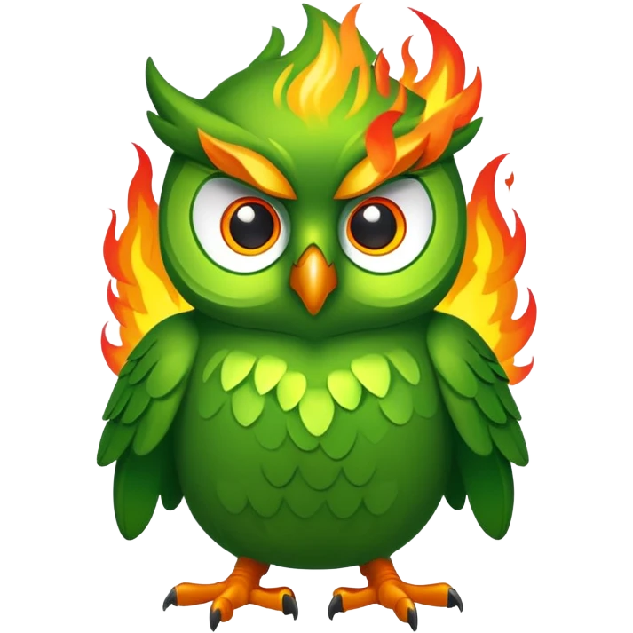Duolingo green owl mascot with fire flames behind it emoji
