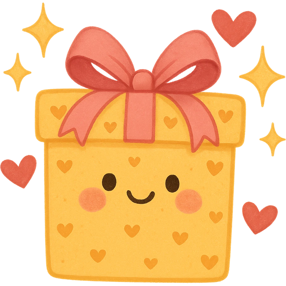 cute gift box with sparkling stars and hearts, smiling wrapping paper, remove background emoji