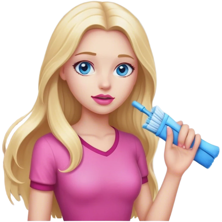 A cinematic realistic blonde with long hair, blue eyes and pink lips cleans a room emoji