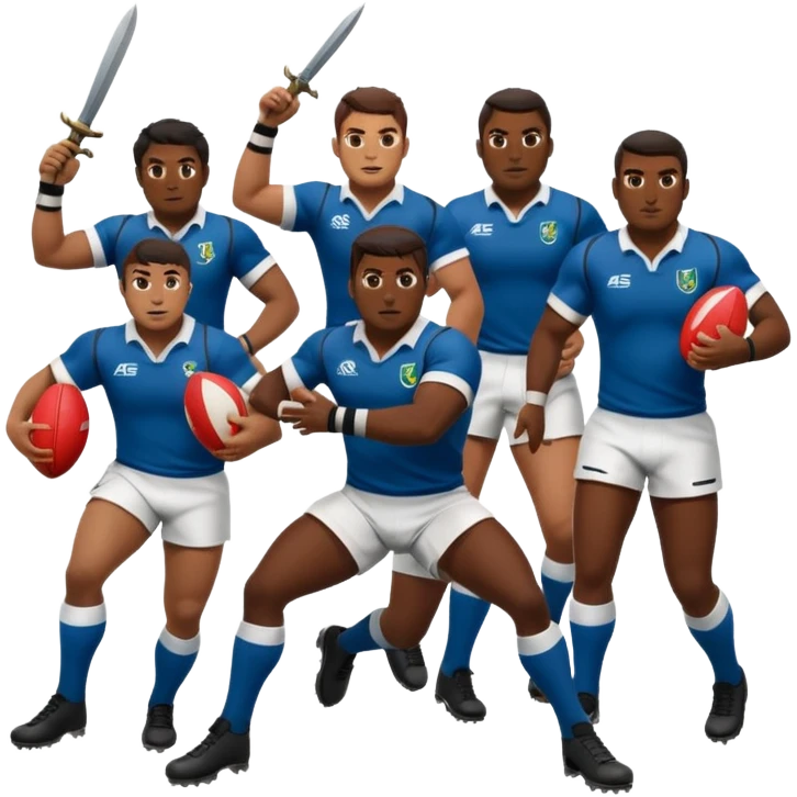Batalla medieval protagonizada por jugadores y jugadoras de rugby con botas de rugby agarrando armamento y uno de ellos un balon emoji