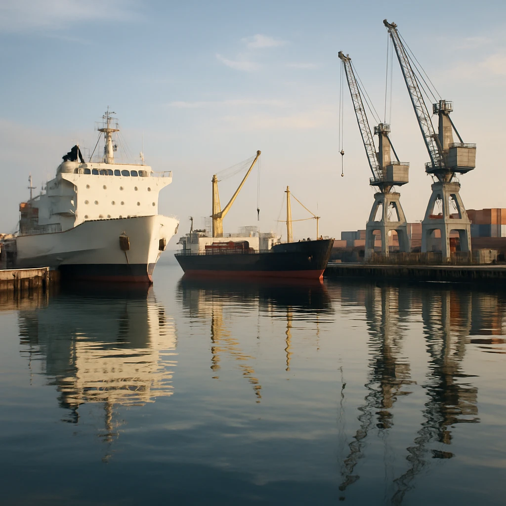 photorealistic port with ships and docks, detailed water reflections emoji
